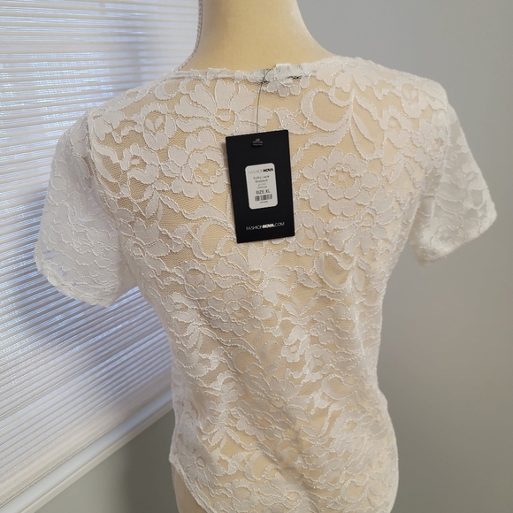 Fashion Nova XL Sultry Lace Bodysuit Off White Thong Snap Scalloped Faux Wrap - Picture 4 of 9